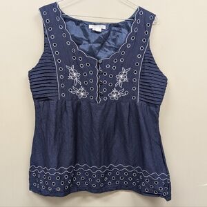 Jennifer Eden Navy Blue And White Sleeveless Embroidered Top Size 14